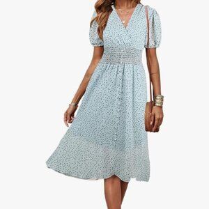 Pretty garden Baby Blue Smocked Waist Puff Sleeve Popover Midi Dress Size XL